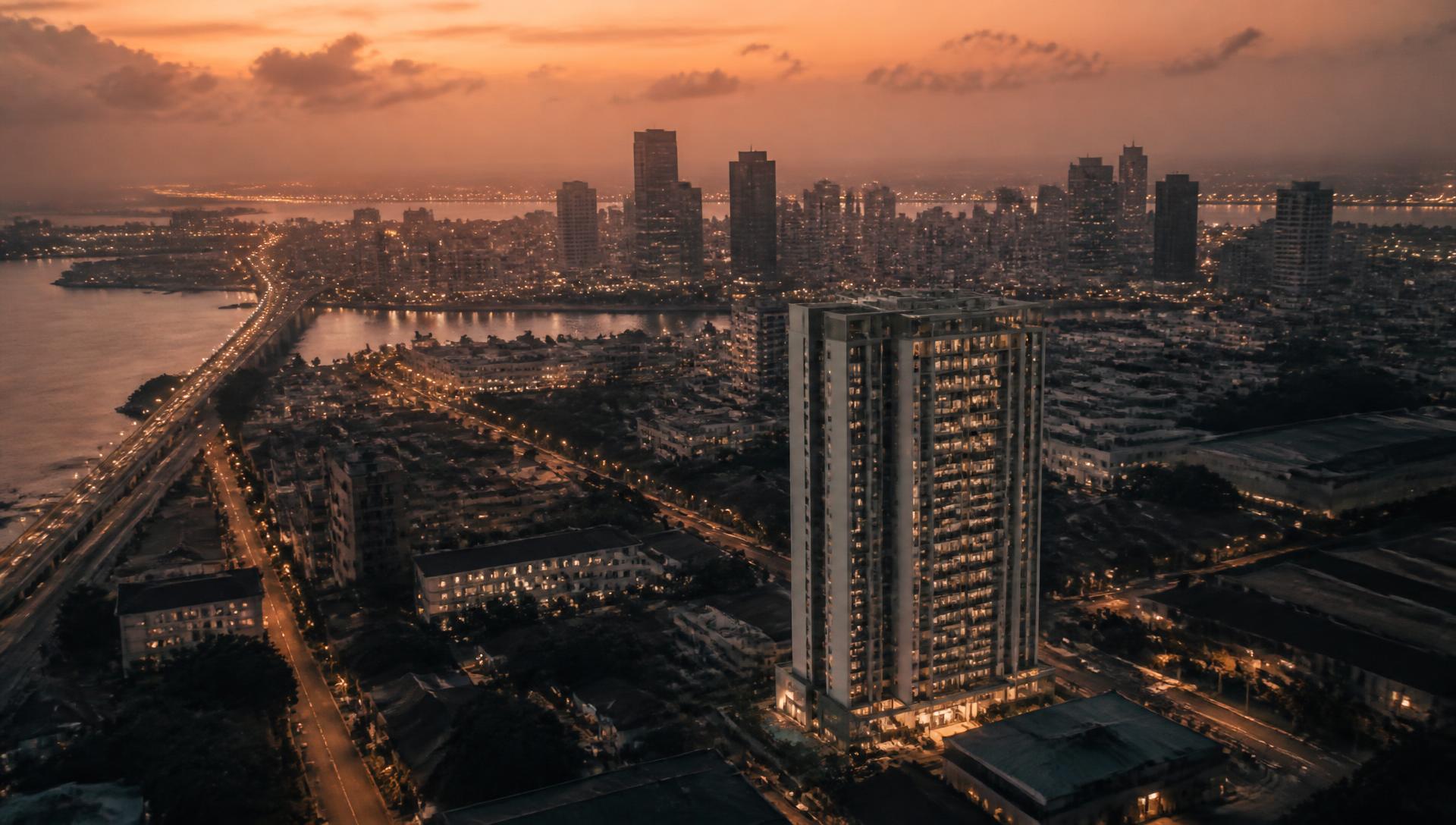 Aerial view of the city skyline at dusk
