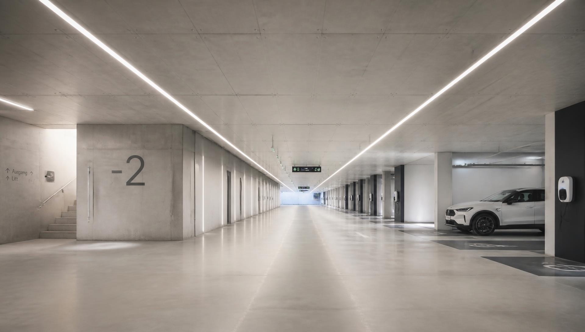 Secure underground parking level with EV charging