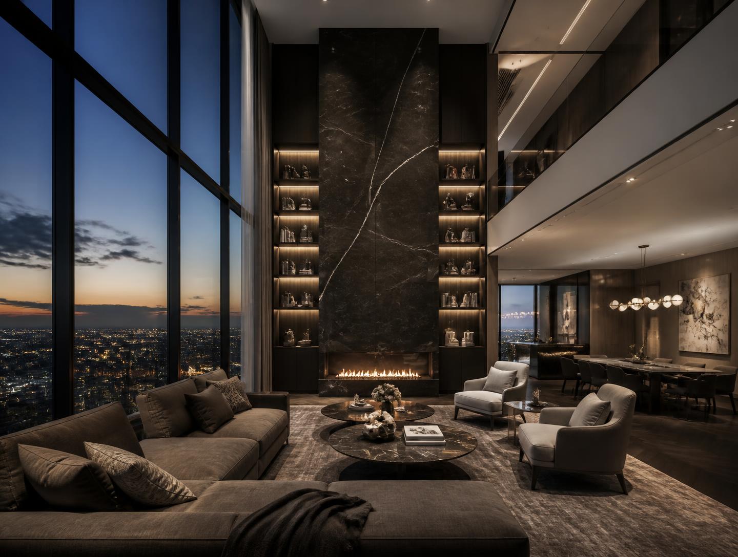 Penthouse double-height living space at dusk