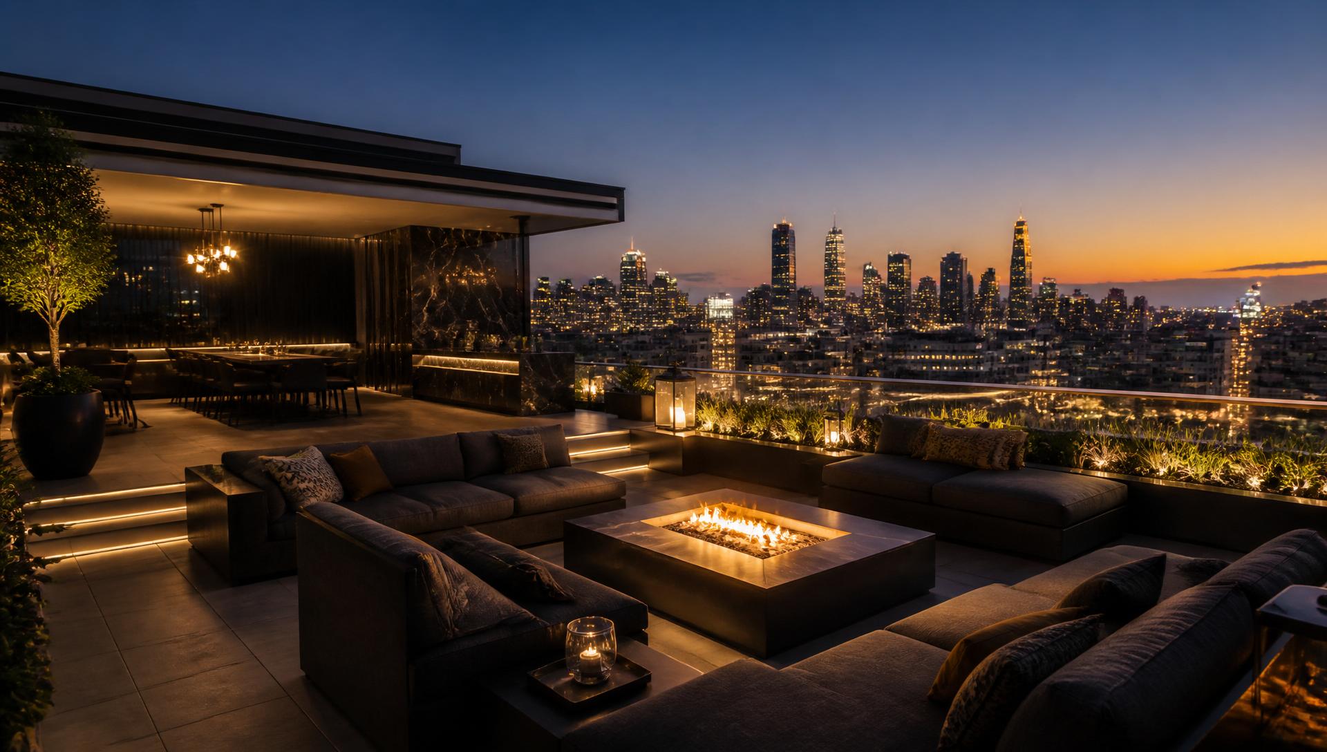 Penthouse private roof terrace overlooking the city at dusk